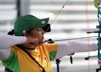 Jane Gogel da equipe de tiro com arco durante treino em Hamamatsu, cidade-sede da delegação Brasileira para aclimatação antes dos Jogos Paralímpicos de Toquio. Foto: Takuma Matsushita/CPB.