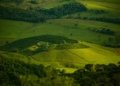 A scenic view of rolling hills and green farmlands with lush vegetation.