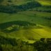 A scenic view of rolling hills and green farmlands with lush vegetation.