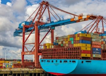 blue and red cargo ship
