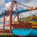 blue and red cargo ship