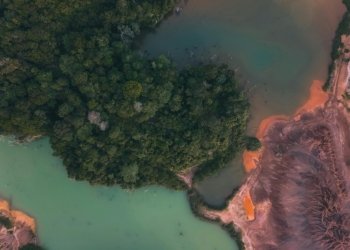 Drone view of green coastline against dry sandy terrain and calm lake water