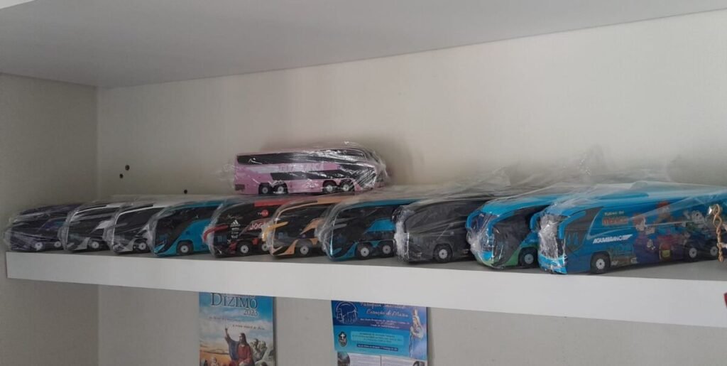 divulgação miniaturas de ônibus expostas na estante do quarto da dona leonete.