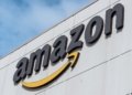 The amazon logo is displayed on a building.