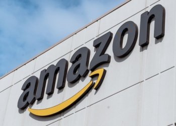 The amazon logo is displayed on a building.