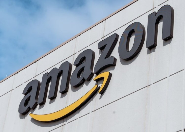 The amazon logo is displayed on a building.