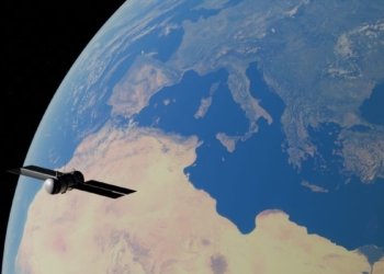 A satellite orbiting Earth, showcasing the Mediterranean Sea and surrounding continents.