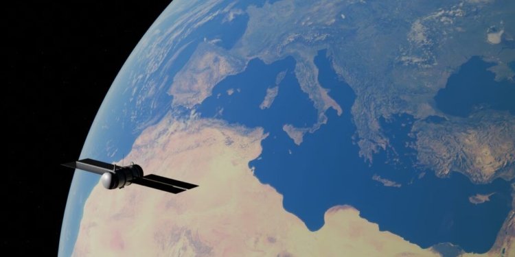 A satellite orbiting Earth, showcasing the Mediterranean Sea and surrounding continents.