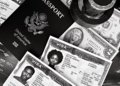 A black and white composition of a US passport, visas, and currency, showcasing travel essentials.