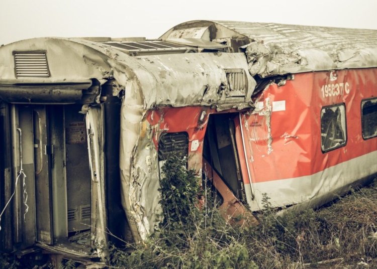 A dilapidated train carriage lying abandoned in an overgrown field after derailing.