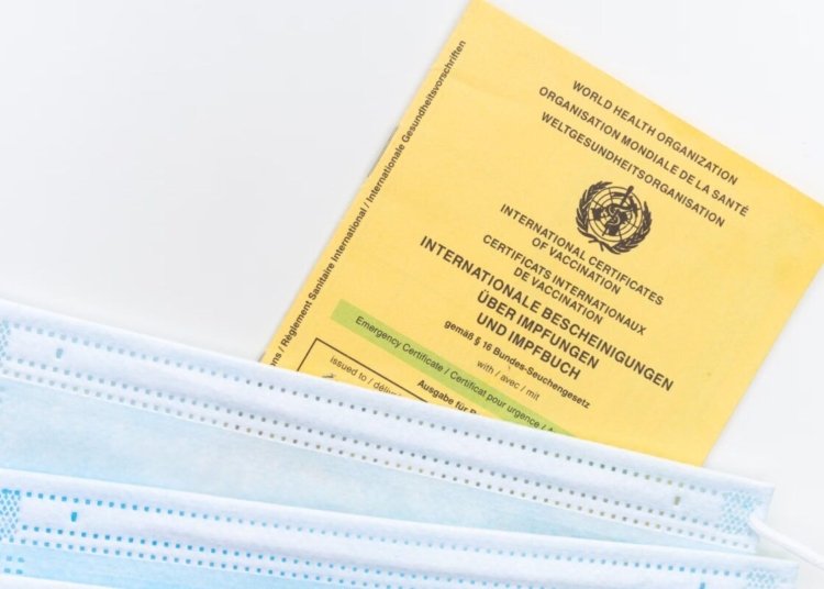 An international vaccination certificate with face masks on a white surface symbolizing health safety.