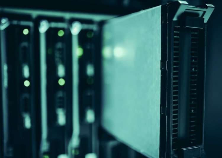 Close-up of server racks in a data center highlighting modern technology infrastructure.
