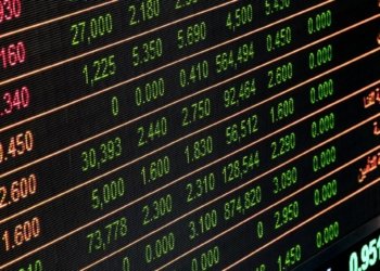 Detailed view of a stock market screen showing numbers and data, symbolizing financial trading.