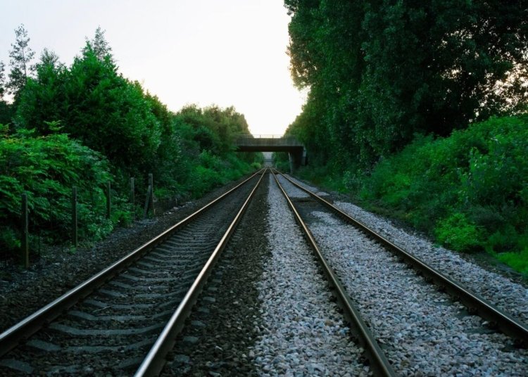 Railway tracks in rural UK surrounded by greenery under a bridge at sunset.