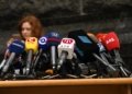 Various microphones setup at a press conference in Kyiv, Ukraine.